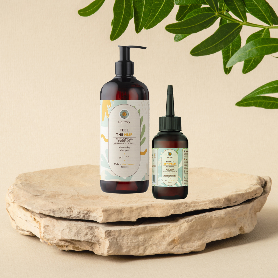 HairTry Feel The NMF - Moisturizing Shampoo - 500ml front label pH 5.5 HairTry - Breezy Not Greasy - Seboregulatory Thinner with Encapsulated Salicylic Acid - 100ml