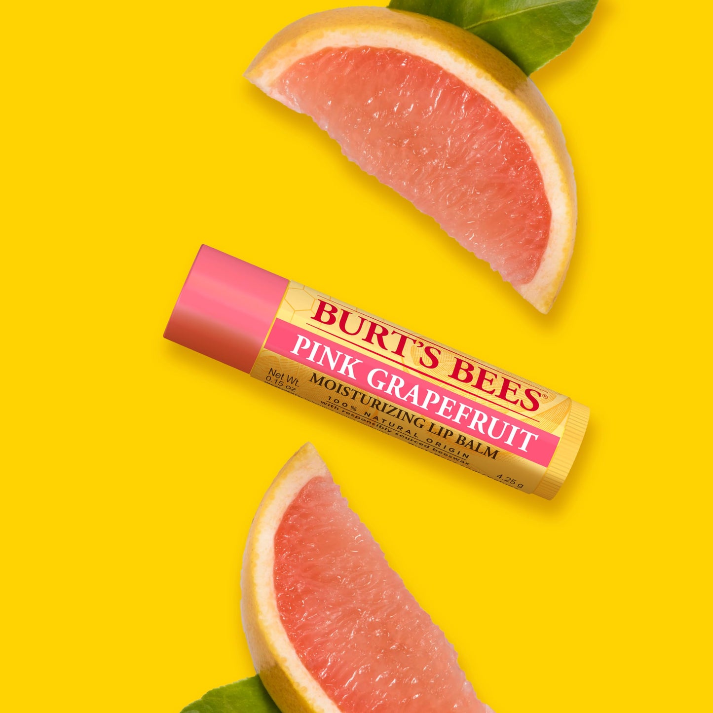 Burt's Bees 100% Natural Lip Balm in Pink Grapefruit front label fancy